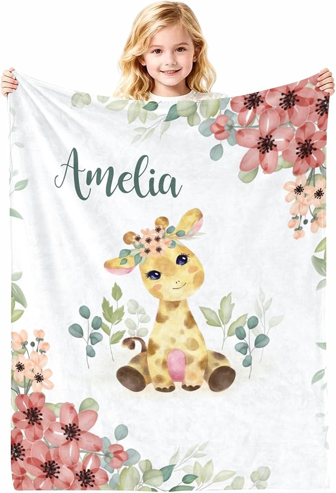 Personalized Baby Blanket with Name, Customized Soft Animals Flannel Blankets for Newborn Boys Girls and Toddlers, for New Mom, Infant Birthday Gift, Giraffe-1