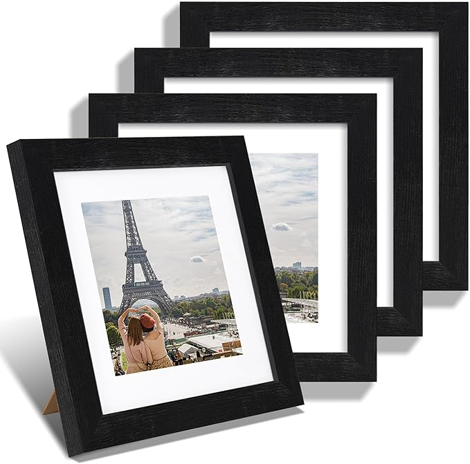8x8 Picture Frames Set of 4, Made of Glass and Rustic Black Wooden Frame - Display Picture 6x6 with Mat or 8 x 8 Without Mat, 8 by 8 Photo for Wall or Tabletop
