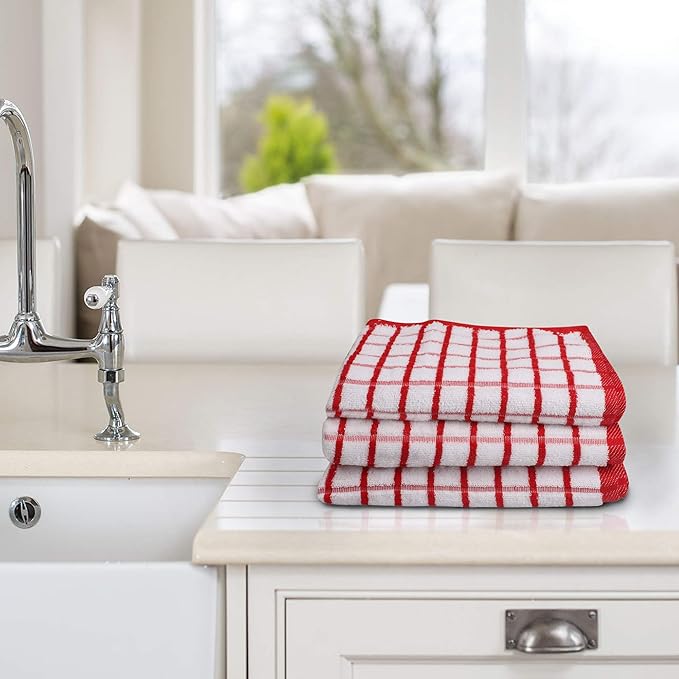 Urban Villa Kitchen Towels Red/White Set of 3 Terry Kitchen Towels 100% Cotton Ultra Soft Size 20X30 Inches Highly Absorbent Over Sized KitchenTowels with Hanging Loop KitchenTowels