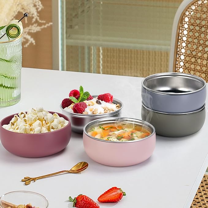 ShineMe 4 pack Toddler Bowls, 5 Inches Wide Stainless Steel Bowls for Kids with Removable Colorful Silicone Sleeve, Unbreakable Baby Bowls for Candy, Soup, Salad, Yogurt, Ice Cream, Snacks...