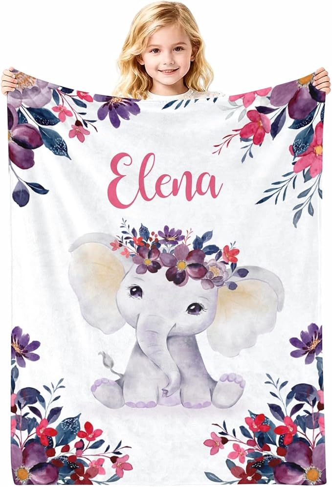 Personalized Baby Blanket with Name, Customized Soft Animals Flannel Blankets for Newborn Boys Girls and Toddlers, for New Mom, Infant Birthday Gift, Elephant-5