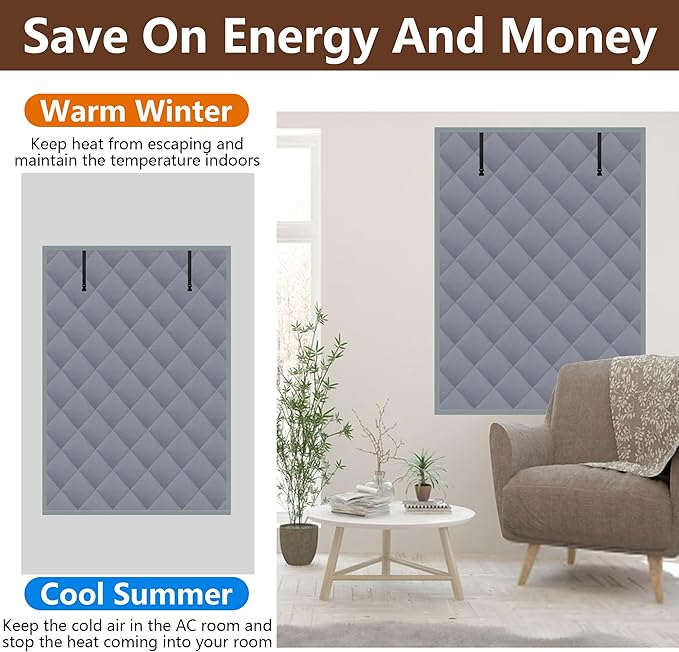 3 Layer 63 x 47 Inches Winter Insulated Window Curtain-Oxford Thermal Insulated Window Blanket with Fastener-Gray Window Insulation Kit for Winter Keeping Warm