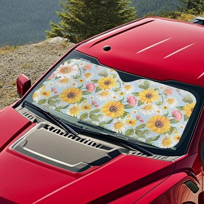 Sunflower Daisy Car Sun Shade Blocks UV Rays Lightweight Front Windshield Sun Visor Protector Fashion Car Accessories for Most Car SUV Trucks