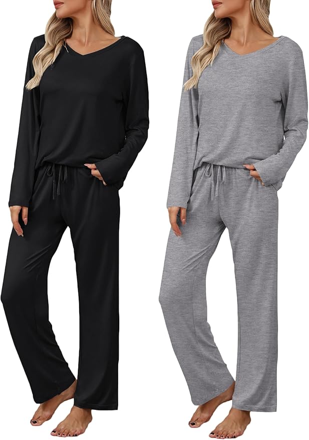 Ekouaer Womens 2 Pack Pajama Set Long Sleeve Pajamas Top and Pants V Neck Pjs Set Soft Loungewear with Pockets