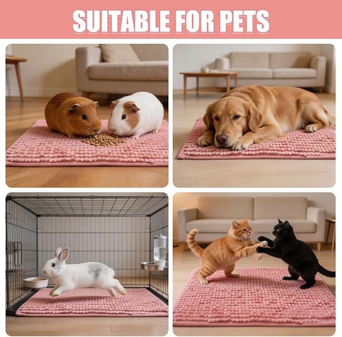 Guinea Pig Cage Liner Mats, Chenille, 16x12 in, 4 Pack, Gray, Beige, Blue, Pink, Reusable Bedding Pad for Cage, Play Area, Travel (4)