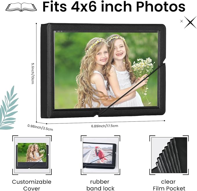 Lifting Small Photo Album 4x6 Holds 40 Photos with Customizable Cover，Mini Leather Picture Album Book for Wedding，Family，Baby Memories (Black)