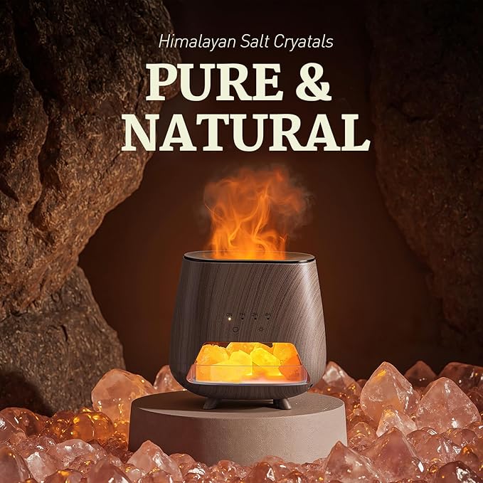 Essential Oil Diffuser for Home: 200ml Wood Grain Aromatherapy Diffuser with Himalayan Pink Salt Rock, Scent Diffusers with Auto Off Function and 9 Colors LED Night Light for Bedroom, Black