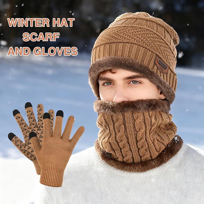 Winter Beanie Hat Scarf Glove Set for Women Snow Knit Thick Fleece Lined Ski Hat,Mens Warm Neck Warmer Touchscreen Mittens