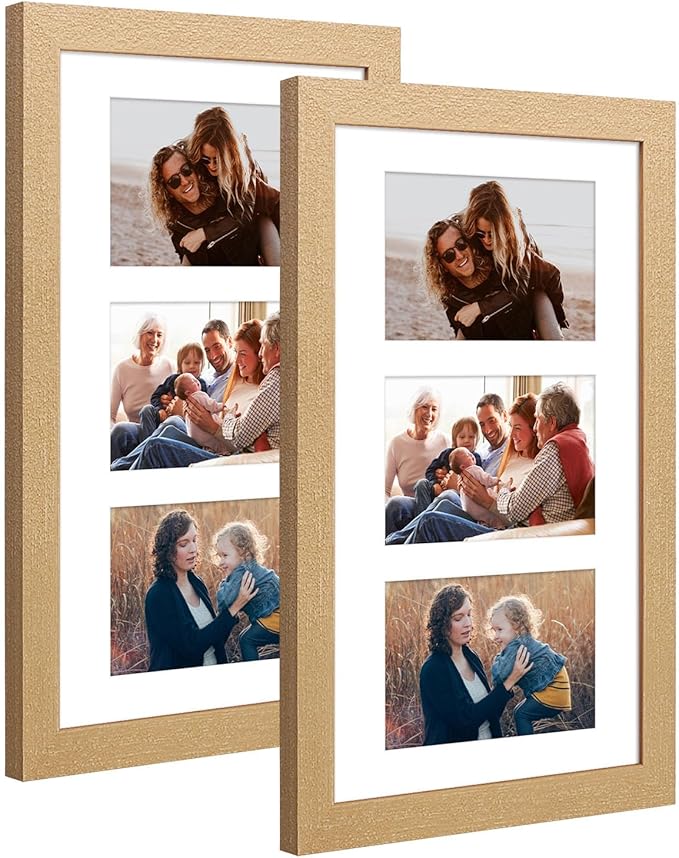 8x14 Collage frame with 3 Openings 4X6 Pictures, Multiple Picture Frame with Mat, Wall or Tabletop Decor, Natural Wood Grain,2 Pack