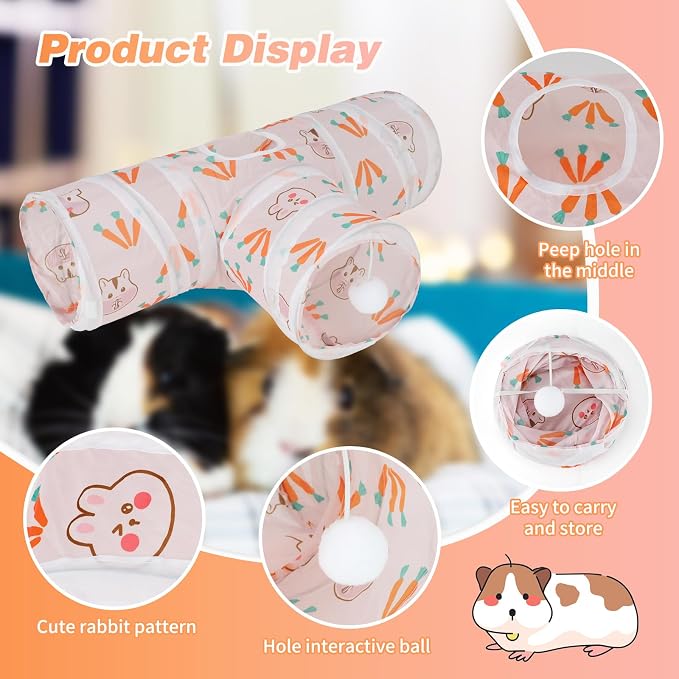 Rypet Guinea Pig Tunnel Hideout 3-Way Collapsible Pet Tubes, Carrot White | 3 Way Design for Exploration, Collapsible for Easy Storage, Built-in Play Ball, Hiding & Resting for Hamsters Ferrets