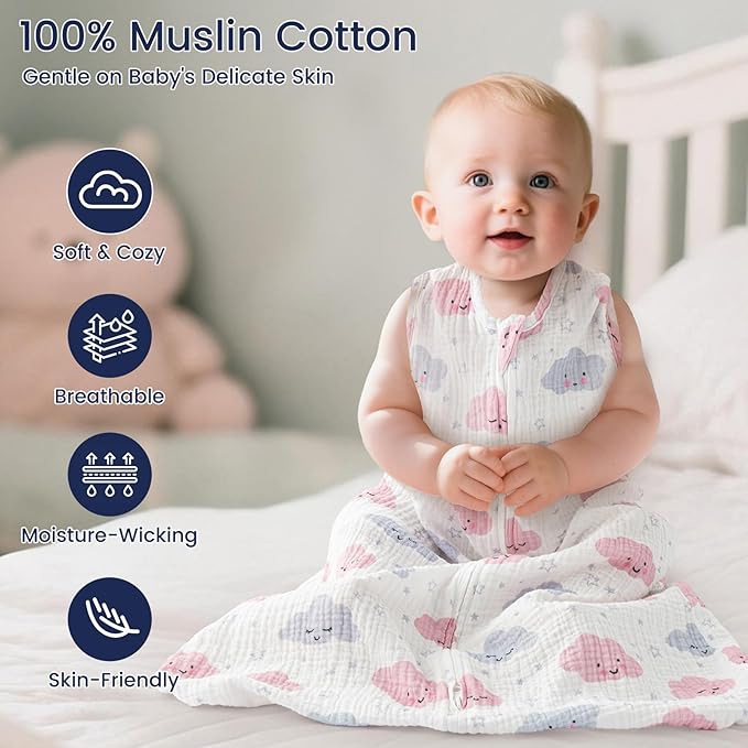 PHF 100% Muslin Cotton Baby Sleep Sack, 0-6 Months Baby Wearable Blanket with 2-Way Zipper, 2 Pack Soft Breathable Cooling 0.5 TOG Small Size Sleeveless Sleeping Bag for Boys/Girls, Clouds