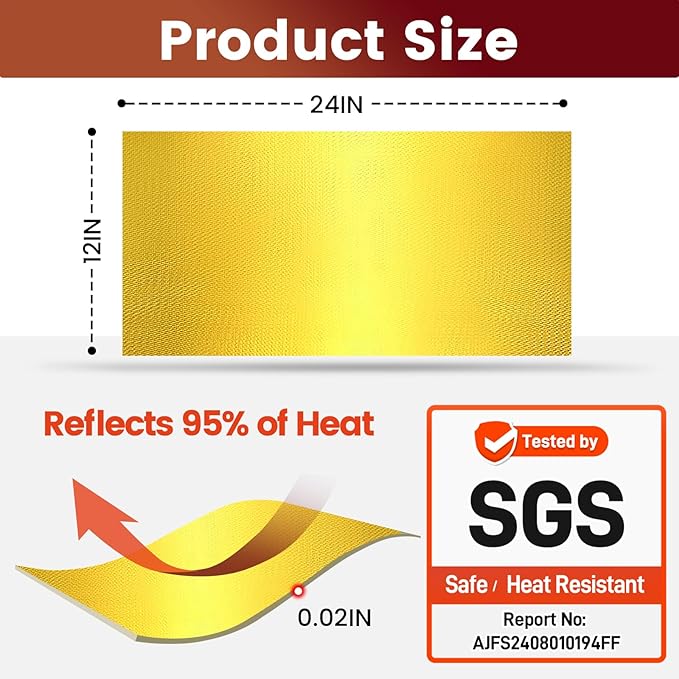 Heat Shield Automotive Aluminum Reflects 95% of Radiant Heat, 12" x 24" Stove Heat Shield Wrap to Protect Refrigerator, Exhaust, Motorcycle, Wood Stove, Cabinet, Fireplace (Gold)