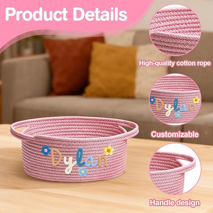 Personalized Baby Gift Baskets Empty with Name, Custom Toddler Woven Storage Baksets with Handle, Baby Shower Basket Gifts for Infant New Parents