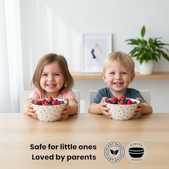 Bamboo Bowl Set of 4 – 6 Inch 20 oz Durable Deep Cereal and Snack Dishware for Kids and Toddlers – BPA Free, Dishwasher Safe, Lightweight Alternative to Plastic or Ceramic (Partypopper)