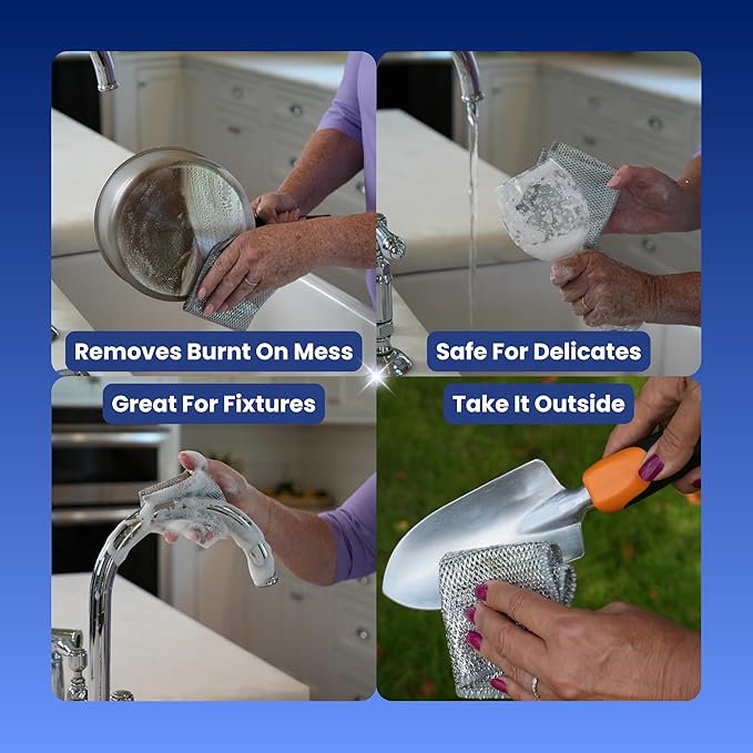 Mighty Mesh Pro Steel Mesh Cloths (8 Pack) with MagnaGrip Magnetic Storage | Powerful, Non-Scratch Kitchen Scrubber | Easy-Clean, Odor-Resistant Design for All Surfaces
