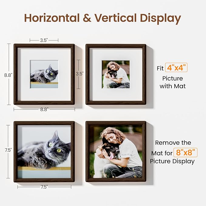 8x8 Picture Frame Natural Oak Wood From California-USA Walnut Color Finished Handcrafted 8 x 8 Photo Frame Matted to 4x4 Photo with Real Tempered Glass,for Wedding,Family,Graduation Display Table & Wall