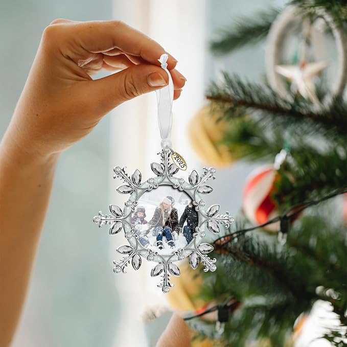 2025 Christmas Tree Ornament Snowflake Picture Frame Metal Hanging Pendant Holiday 2" Photo Frame Charm Decorative of Pets, Baby First Christmas, Family (White，2025)