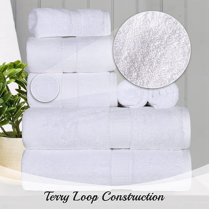 BLUENILEMILLS Madison Egyptian Cotton Towels, Towel Set for Bathroom, Shower, Hotel, Plush, 900 GSM, Highly Absorbent and Ultra-Soft Towels, Bath Essentials, 8 Piece Assorted Towel Set, White