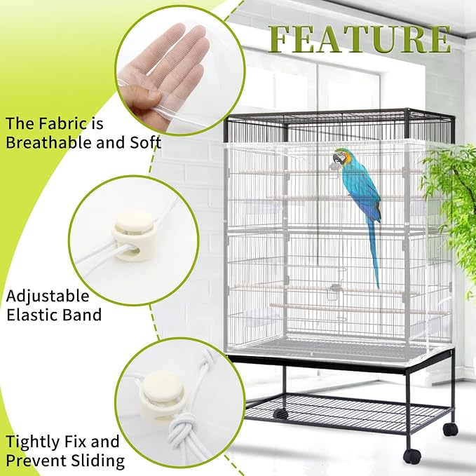 Daoeny Bird Cage Seed Catcher, Large Bird Cage Cover, Adjustable Soft Airy Nylon Mesh Net, Birdcage Cover Skirt Seed Guard for Parrot Parakeet Macaw African Round Square Cages (White)