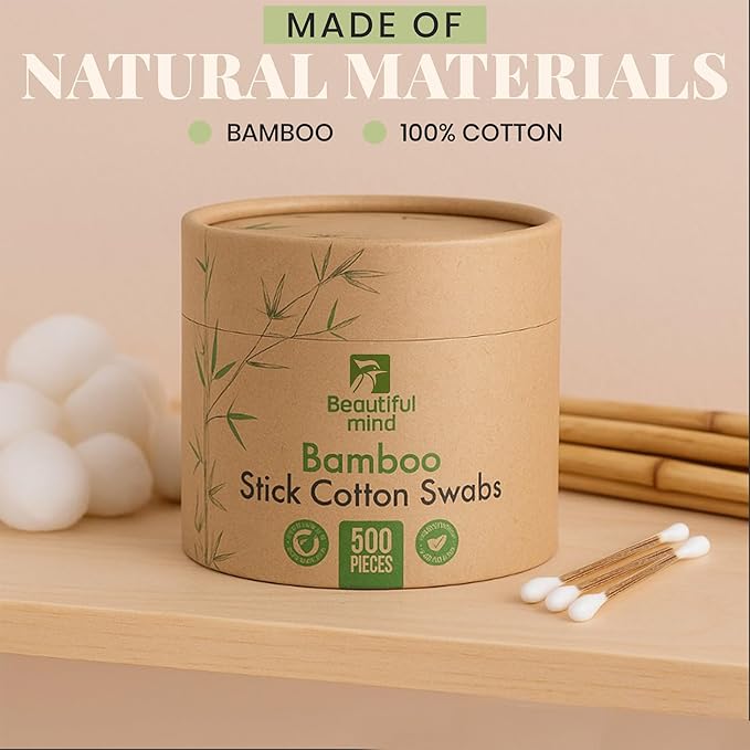 Bamboo Cotton Swabs 500 Pack - Natural Swabs for Ears, Makeup & Cleaning - Carbonized Bamboo Sticks with Soft Buds - Travel Size Q Gentle Tips - Precision Ear Cleaner Swabs