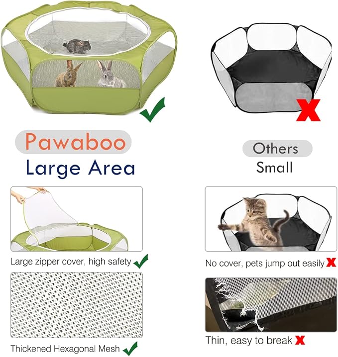 Pawaboo Small Animal Playpen with Zippered Cover,Green | Portable pop-up pet tent for supervised rabbits, guinea pigs, chicks and kittens; water-resistant bottom and 3 metal rods