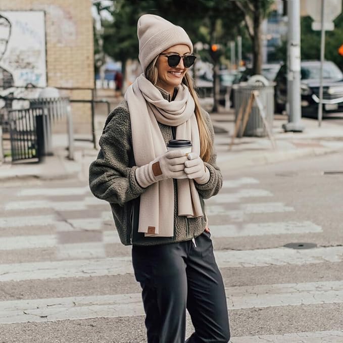 Womens Winter Warm Beanie Hats Gloves Scarf Headband Set Fleece Lined Ear Warmer Knit Scarf Touchscreen Gloves Winter Gifts