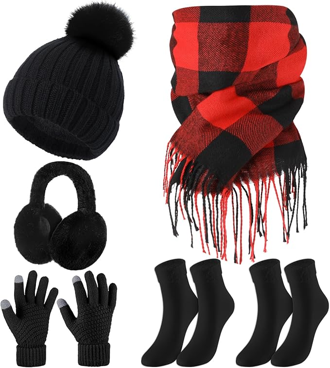 Geyoga 6 Pcs Winter Hat Scarf Gloves Set Knitted Touchscreen Gloves Plaid Scarf Earmuffs Socks Gift for Women Men