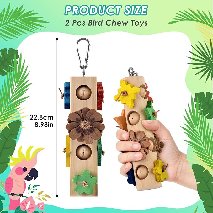 DBNESS Bird Toys for Parrot, 2 Pcs Hanging Colorful Wood Blocks Pinecones Parakeet Chew Foraging Toy for Beak-Grinding, Cage Accessories for Small to Medium Budgies, Cockatiels, Caiques, Conures