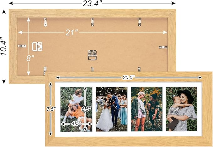 8x21 Picture Frame Display 4 opening 5x7 Collage Picture Frame,Multi Photo Frame with Mat,Plexiglass,Horizontal and Vertical Formats for Wall Decor,Natural Wood Grain