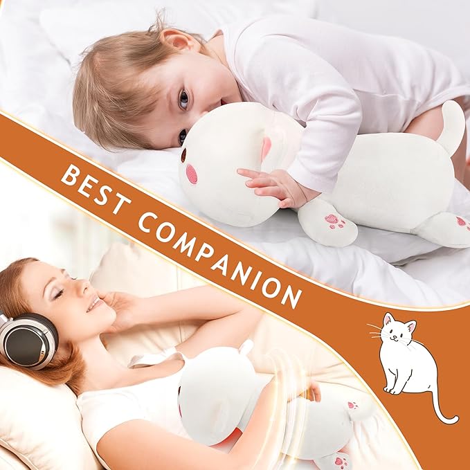 1.8lb White Cat Stuffed Animals Plush Microwavable Heating Pad-14'' White Cat Heating Pads for Cramps &Period Pain Relief, Heatable & Coolable Stuffed Animals Bedtime Birthday Gift for Women Kids