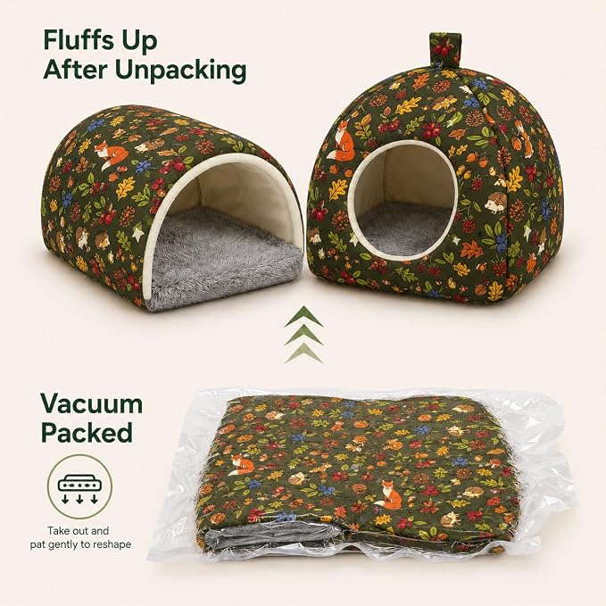 Hamster Hideout Tunnel Set, 2 Pack Washable Small Animal Bed with Removable Cushion, Cozy Play Tunnel Cage Accessories for Hamsters, Hedgehogs, Mice, Rats, Gerbils, Green Forest