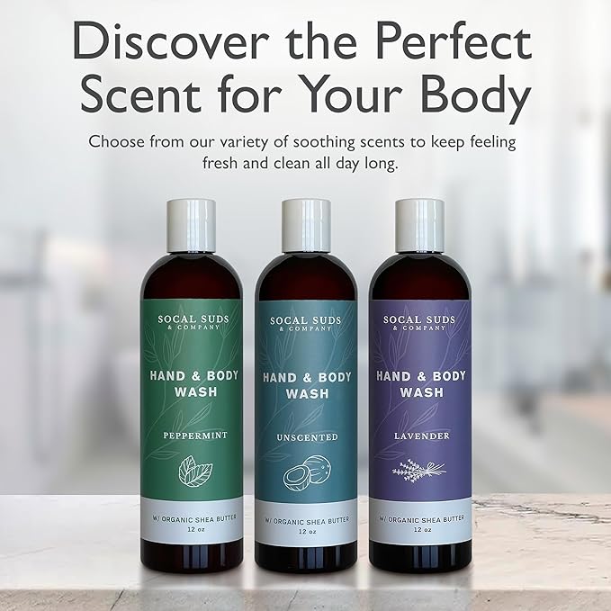 SoCal Suds & Company Organic Shea Butter Body Wash – Lavender Liquid Soap for Hand & Body, Moisturizing Shower Gel, Daily Body Wash for Women, Men & Unisex, Gentle Skin Care & Protection - (12oz)