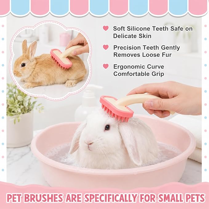 Gjinxi 2pcs Rabbit Grooming Kit Bunny Brush Comb with Nail Clipper Trimmers | Shedding with Bunny Nail Clipper, Small Animal Pet Combs, for Hamster Guinea Pig Ferret Cats, Soft Silicone Massage Comb