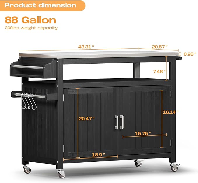 FUQARHY 43.3-Inch Outdoor Kitchen Island with Storage Cabinet and Stainless Steel Top, Solid Wood Prep Station Grill Table with Lockable Wheels for Patio, Backyard, Party (Black)