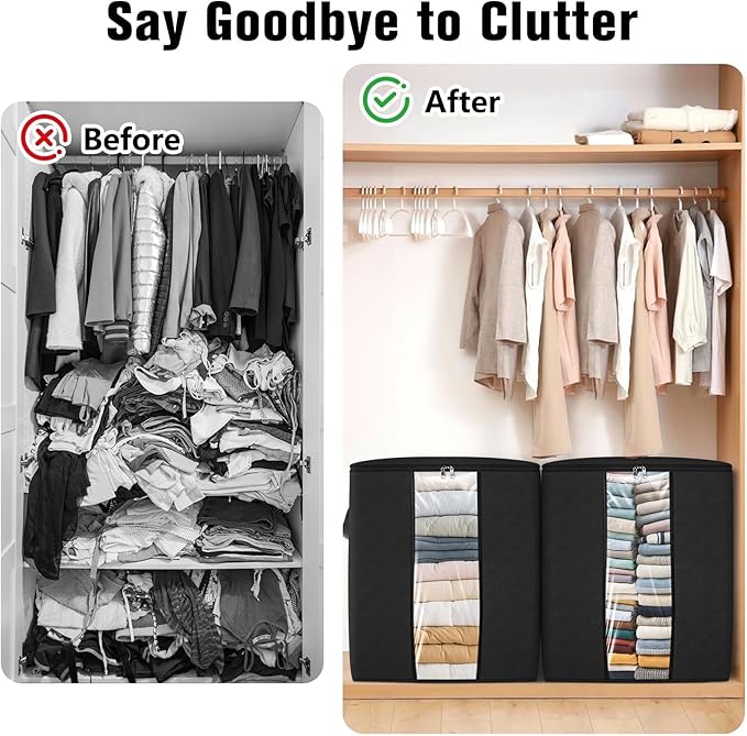 Clothes Storage Bags, 8-Pack Comforter Blanket Organizers, 80L Large Capacity Containers with Visual Window for Clothing, Quilt, Sheet, Pillow, Closet Organization for Bedding (Black)