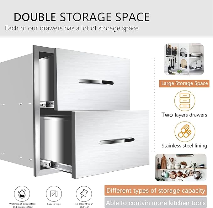 Outdoor Kitchen Drawers Stainless Steel 18W X 15H X 23D Inch, Flush Mount Double BBQ Island Drawers with Handle for Outdoor Kitchens, Patio or Grill Station