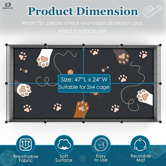 4-Pack Guinea Pig Cage Liner Washable, 24in x 47in Ultra-Absorbent Guinea Pig Bedding for Cage Non-Slip Leak-Proof Pee Pads for Dogs Rabbit Bunny Cat Litter Mat, Black