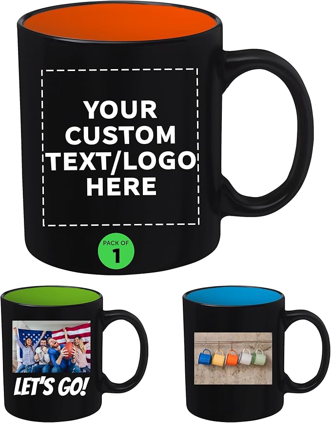 DISCOUNT PROMOS 1 Matte Two-Tone Coffee Mugs Set, 11 oz. - Customizable Text, Logo - Stoneware, Drinkware, Durable, C-handle - Orange