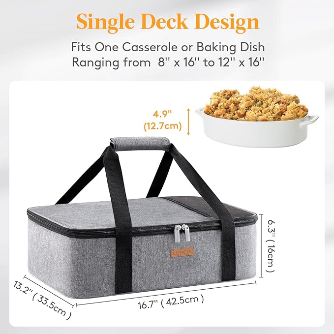 LUNCIA Insulated Single Decker Casserole Carrier, Lasagna Lugger Tote Keeps Food Hot or Cold, Thermal Lunch Bag for Potluck Parties, Picnic and Cookouts, Fits 11"x15" Baking Dish, Grey