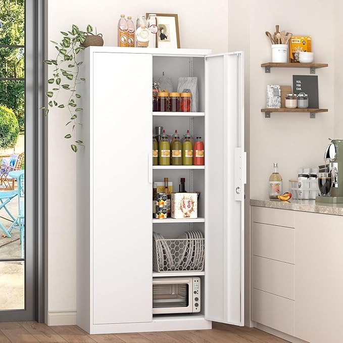 GREATMEET Metal Garage Storage Cabinets, 71" Tall Locking Metal Cabinets with Doors and Shelves, Utility Cabinet with Lock for Garage, Home, White