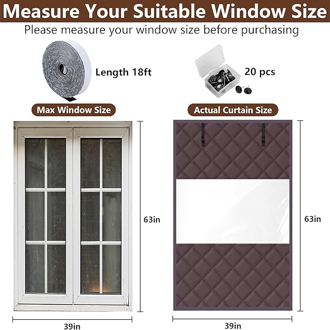 3 Layer 63 x 39 Inch Visible Winter Insulated Window Cover,Oxford Thermal Insulated Window Blanket with Fastener,Brownish Red Window Insulation Kit for Winterizing Keeping Home Warm
