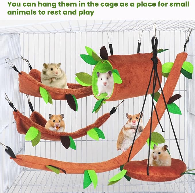 Hamster Hammock 5 Pcs Sugar Glider Nest Hanging Tunnel Swing Jungle | Small Animal Plush Warm Bed, Squirrel Guinea Pig Rat Sleeping Cage Accessories, Soft Fleece Hammock Pet Playing Toy