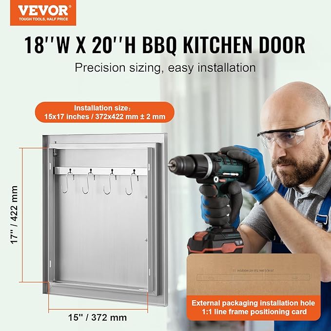 VEVOR BBQ Access Door - 18W x 20H Inch Stainless Steel Vertical Door for Grilling Station