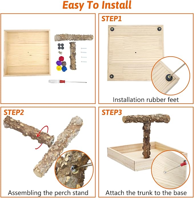 BNOSDM Portable Bird Perch Stand with Potty Tray, Natural Wood Tabletop Training Gym Parrot Playground Toy for Budgies, Cockatiels, Lovebirds,Conures