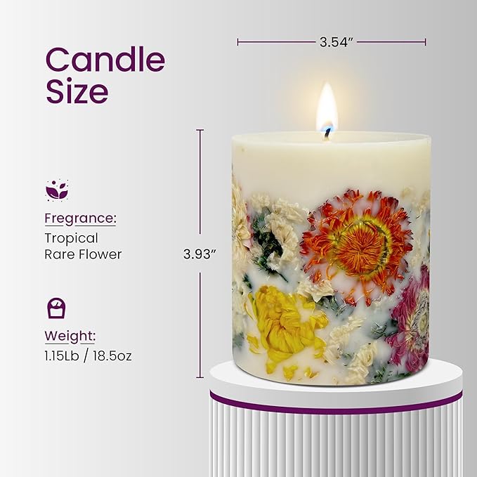 VIONAMI Botanical Scented Pillar Candle - Tropical Rare Flower Fragrance Candles Gifts for Women, Gift Ready - Decorative Natural Soy Scented Candles with Dried Flowers for Home (Mums)