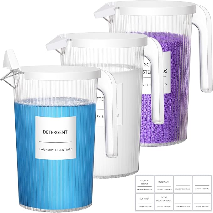 Lifewit Plastic Laundry Detergent Dispenser with Handle, 51oz Detergent containers with Fully Covered Dustproof Lid, 8 Lables, Softener, Beads Container for Laundry Room Organization, Clear, 3 Pack