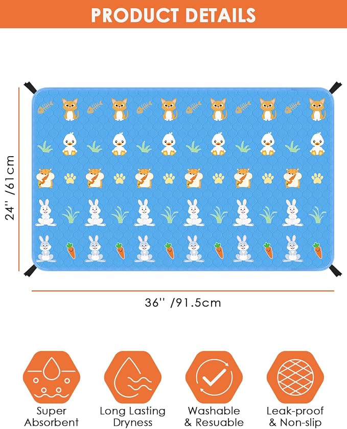 Bissap 2‑Pack Guinea Pig Cage Liners, 24''X36'' Pet Pee Pad Bedding, Blue | Non‑slip Waterproof TPU Layer, Super Absorbent, Washable Reusable Bedding for Guinea pig, Rabbit, Hamster, Chinchilla, Rat