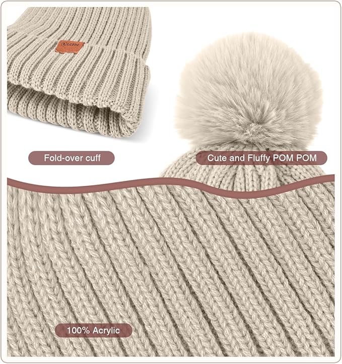 Womens Winter Beanie Hat Gloves Set,Fleece Lined Warm Knit Pom Pom Ski Hat Touchscreen Gloves Set Gifts for Cold Weather