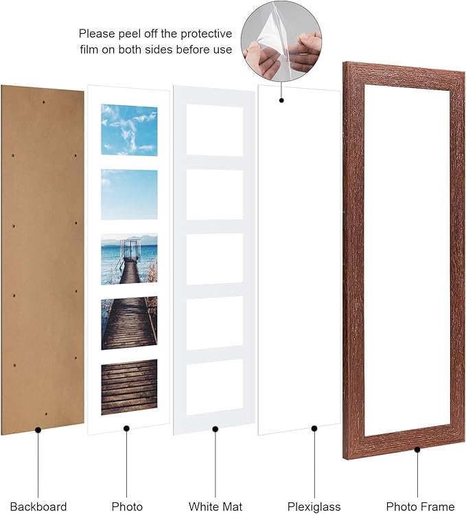 8x24 Picture Frame Display 5 opening 4X6 Picture Frame Collage,Multi Photo Frame with Mat,Plexiglass,Wall or Tabletop Decor,Walnut Wood Grain