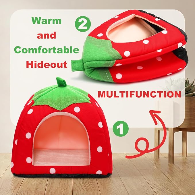 Guinea Pig Bed Rabbit Hideout Warm Fleece Cuddle Cup Washable Sleeping House for Small Animals Pet/Ferret/Chinchilla/Bunny Strawberry Red